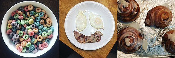 Breakfast, Cinnamon Buns, Eggs and Bacon