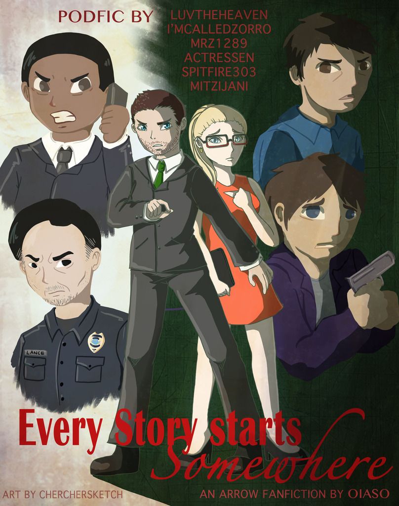 cherchersketch's art. Oliver Queen, depicted in a black suit with a green tie, stands protectively in front of a scared Felicity Smoak in the center of the frame. Felicity is wearing an orange dress. To the right of them are two men who look similar, one of whom seems more scared as is clutching at a gun. To the left of them is a man wearing a police badge and uniform, nametag 