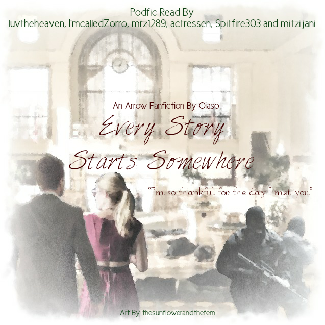 thesunflowerandthefern's art. Oliver and Felicity stand in the bottom left corner of the image. They are in a large building with an analog clock up in a high window and bank hostages scattered on the floor in front of them, some bodies lying on the ground. That part of the image is purposefully blurry for artistic effect, the focus being drawn more to Oliver & Felicity, and to the bank robbers. The two bank robbers are in the bottom right corner of the image, in full ski masks and outfits where you can't see them at all. One is holding a large automatic weapon.