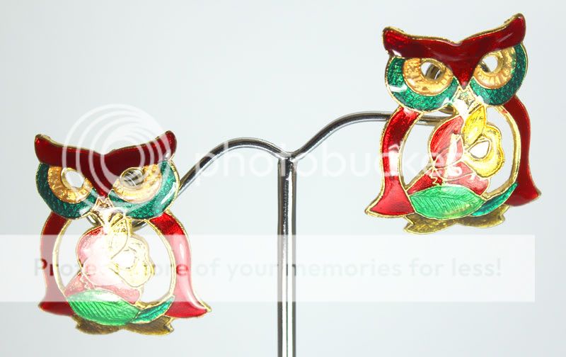   Colorful Cloisonne Enamel Red Green Owl Stud Earrings Fashion Jewelry