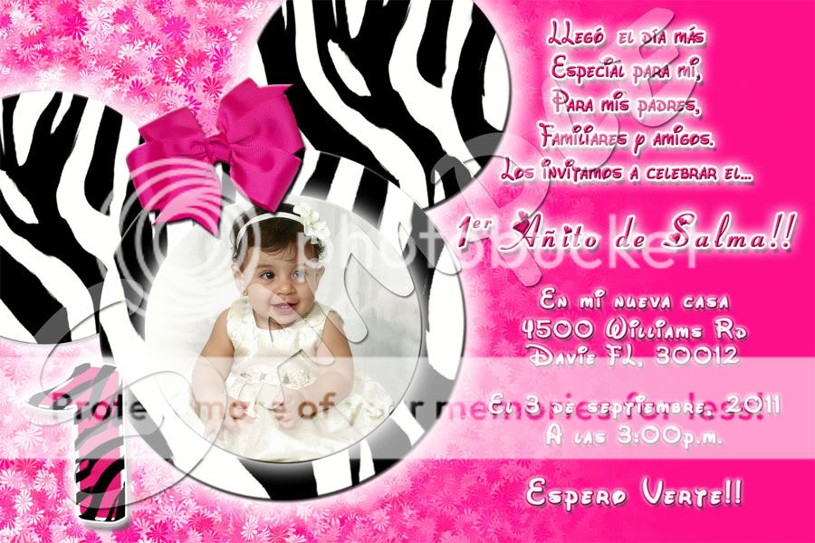 Minnie Mouse Hot Pink Zebra Custom Birthday Photo Invitation with 