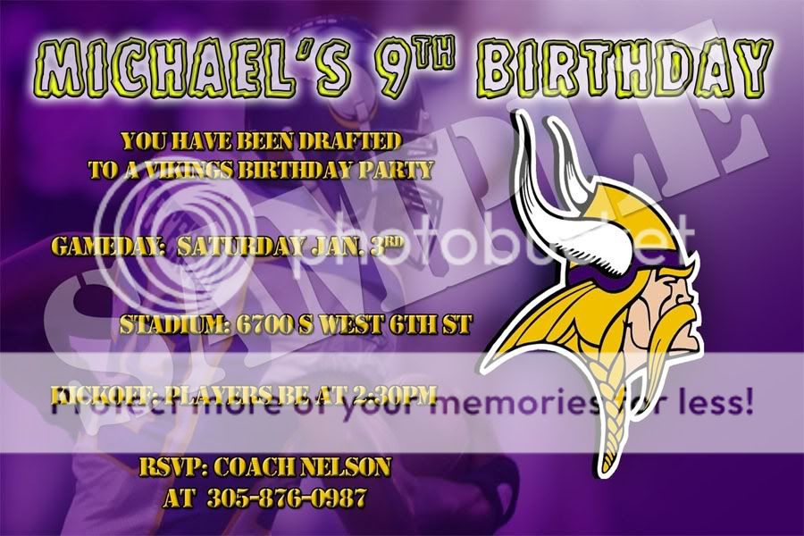 Football Team Minnesota Vikings Custom Birthday Party Invitations 